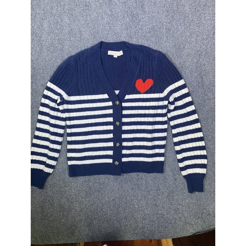 LOFT Navy White Striped Heart Cardigan Sweater  Coastal Nautical Preppy Small